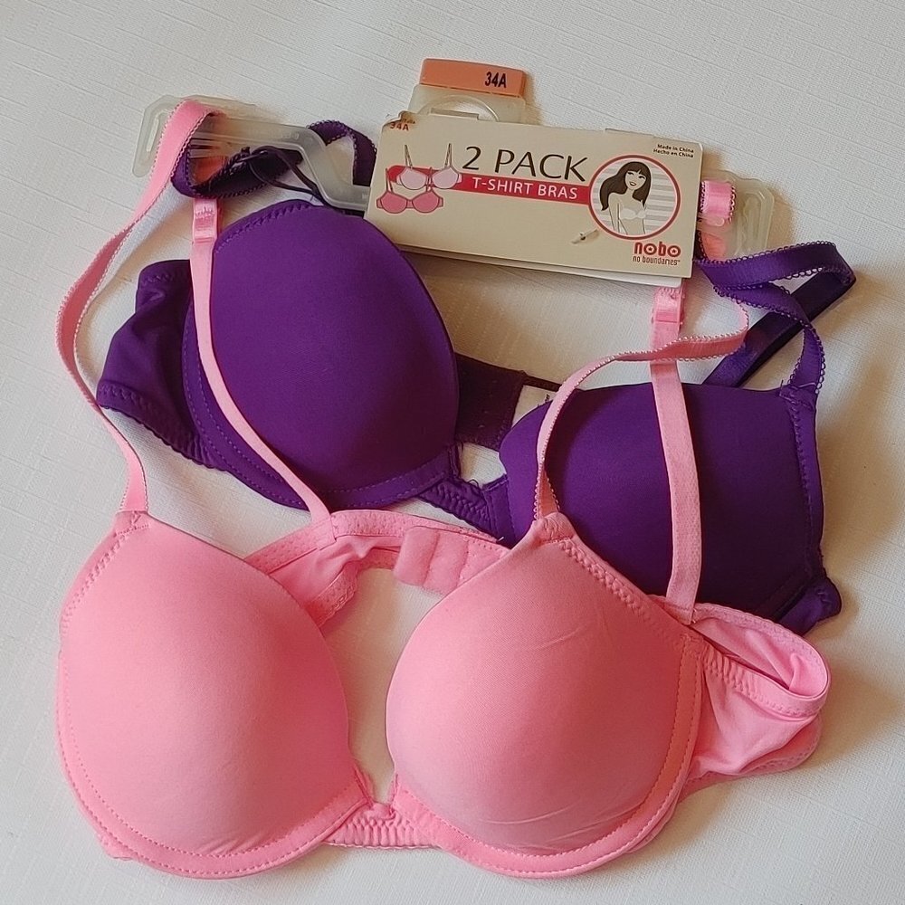 2 PACK T-SHIRT BRAS nobo no boundaries Women's Size 34A Purple Pink